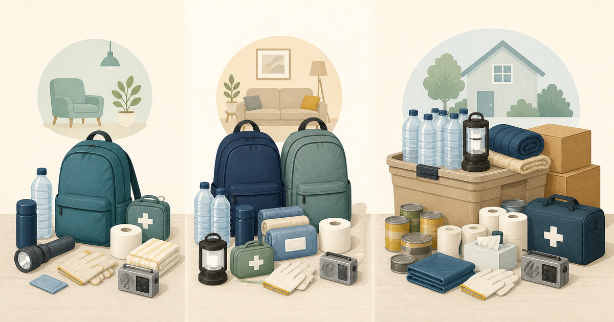 世帯人数に応じた防災用品の量を比べるイメージイラスト