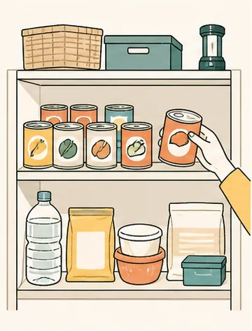 棚の水や食料を見直し、家族分の防災備蓄を整える場面
